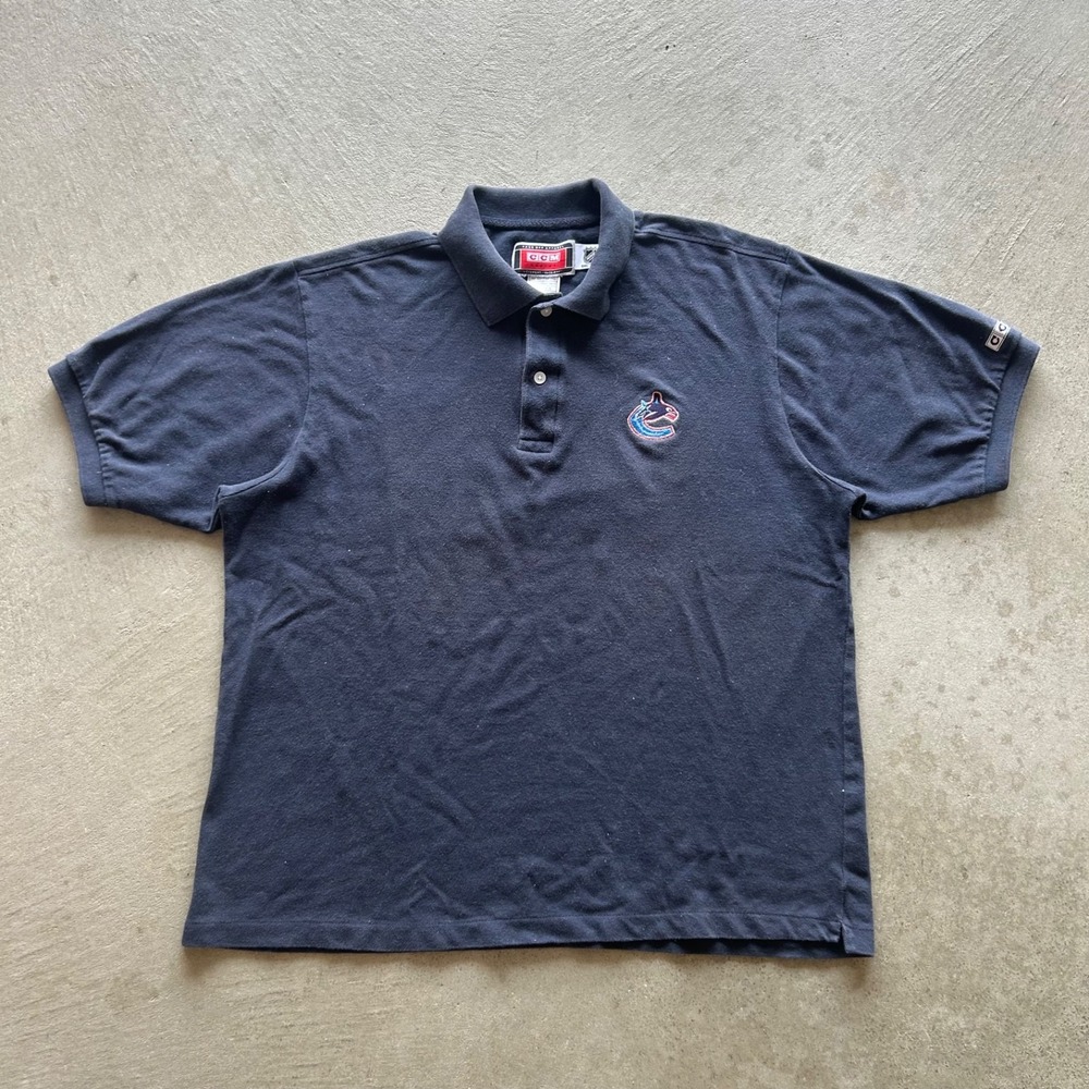 Vintage CCM Vancouver Canucks Polo Shirt Mens Large Navy Blue NHL Hockey Logo